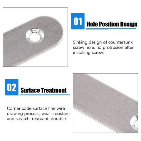 Close-up of Heavy Duty Stainless Steel Flat Straight Brace Brackets with mending plates showing countersunk screw hole design.