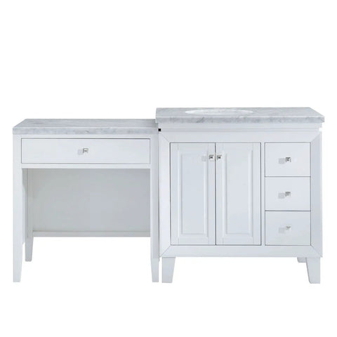 Top Shelf Carrara White Marble Bathroom Vanity With A Sleek Single Sink Setup And Rock Solid Wood Cabinet Featuring Brushed Nickel Knobs For That Go To 67 Inch Clean Slick Vibe, side view showing drawer and cabinet details.