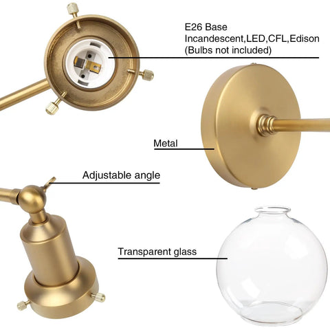 Components of Retro Sconce With Slope Pole Wall Mount And 7.9 Inch Glass Globe Shade In Antique Gold Finish shown separately