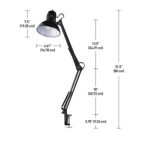 32 Inch Swing Arm Clamp On Desk Lamp Black Finish With LED Bulb Included No Fuss Adjustable Spring Loaded Arm dimensions