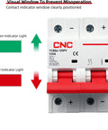 Rock Solid 2 Pole 100 Amp 500V Dc Miniature Circuit Breaker With Din Rail Mount For Solar Pv Systems showing red and green indicator lights.