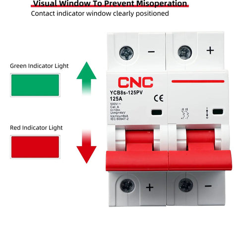 Rock Solid 2 Pole 100 Amp 500V Dc Miniature Circuit Breaker With Din Rail Mount For Solar Pv Systems showing red and green indicator lights.