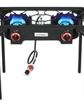 High Pressure Propane Outdoor Cooking Grill Burner For Camping And Backyard BBQs With CSA Regulator 0 To 20 PSIG And 4 Ft Gas Hose Dual Cast Iron Burners, front view.