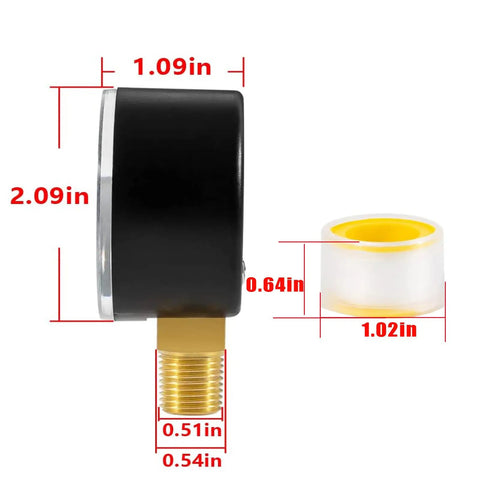 Side view of black Pressure Gauge Replacement For 005302359000 Works With Cleaning Valves dimensions labeled next to tape