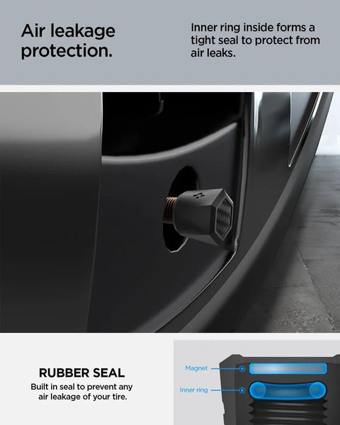 Magnetic Tire Valve Caps For Schrader Valves, Carbon Black, 4 Pack on tire demonstrating secure fit and air leak protection