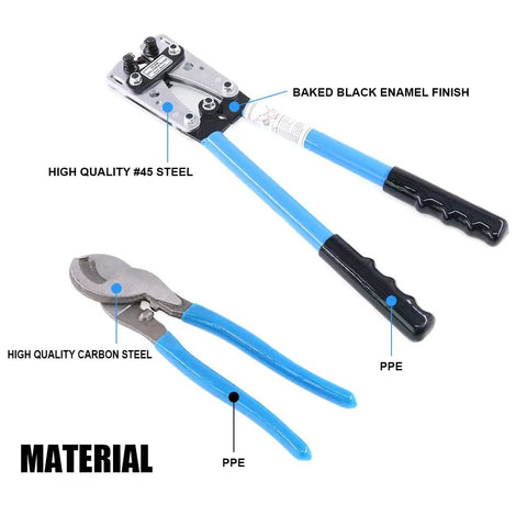 Pro Grade 2 Piece Wire Crimping Tool Kit with Cable Cutter Terminal Crimper, blue handles, high-quality steel, enamel finish, side view.