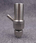 Front view of stainless steel waterjet mixing chamber and abrasive body with side inlet fitting and knurled base.