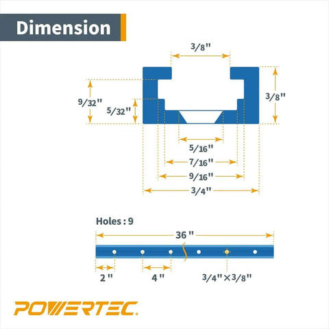 Dimensions of Double Cut 36 Inch Universal T Track With Predrilled Mounting Holes For Woodworking Jigs And Fixtures Set Of Two