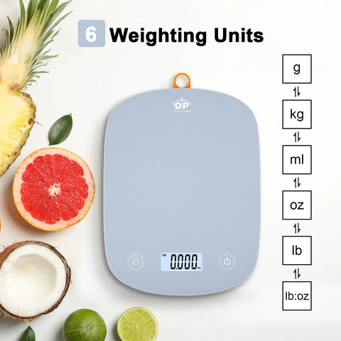 Ultra Slim Digital Kitchen Scale With 1G Precision And 11Lb Capacity, Six Unit Modes, blue scale with LCD display, fruits around