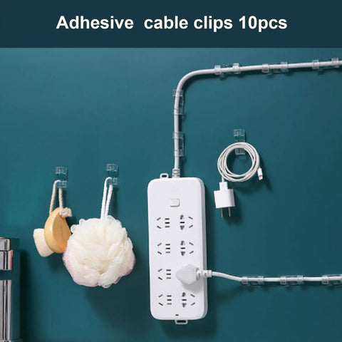 Adhesive cable clips in use for 210 Piece Cable Management Kit For Desk And Office Use With 28 Cable Clips, power strip organized