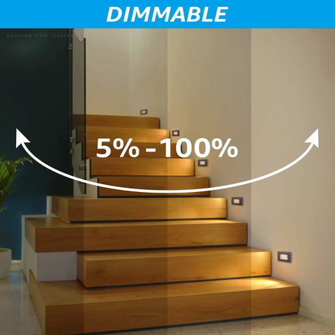 Set Of 6 120V LED Step Lights Dimmable 5 To 100 Percent 170 Lumen Warm White 3000K Stair Lights For Indoor And Outdoor Use Die Cast Aluminum Oil Rubbed Bronze ETL Listed CRI 90 Louvered Faceplate For Reduced Glare showcasing dimming feature on stairs