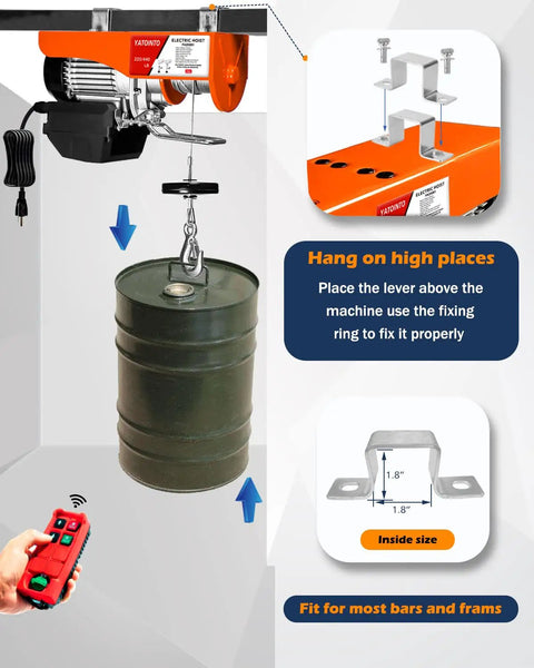 Electric Hoist With Wireless Remote Control lifting barrel, zinc plated steel construction, showing remote in use