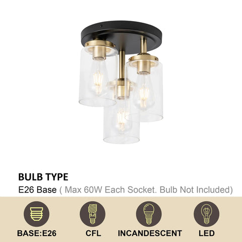 Three-Light Semi Flush Mount Ceiling Light Fixture With Dope Clear Glass Cylinder Shades In Gold Finish, bulbs, E26 base.
