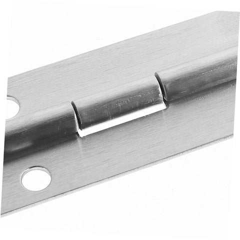 Close-up of stainless steel piano hinge segment on a mounting plate with two screw holes