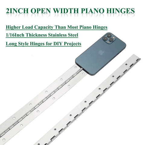 Heavy Duty 2 Pack Piano Hinges With 2 Inch Open Width And 18 Inch Length 0.06 Inch Thick Stainless Steel With Holes on table