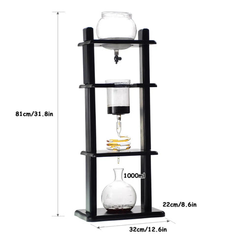 Top Shelf SlowDrip Cold Drip Coffee Maker Featuring A Spacious 32 Oz Cold Brew Tower, 81cm tall with black wooden base.