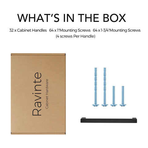 Box and contents for 32 Pack Square Cabinet Handles Matte Black Drawer Pulls 6-1/4 Inch Cabinet Hardware For Kitchen Cabinets