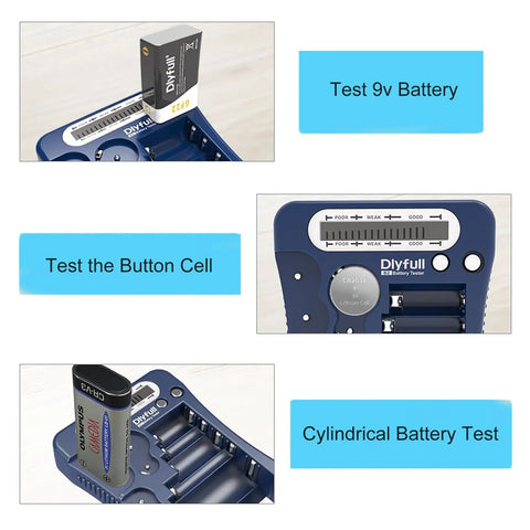 Universal Battery Checker With LCD Display testing 9V and button cell batteries, showcasing multiple test slots and display screen.