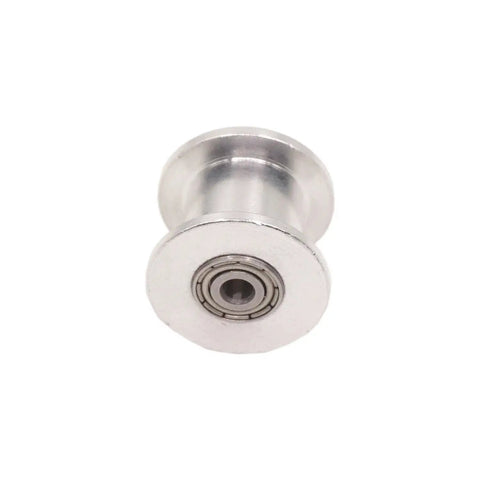 Top Tier Aluminum GT2 Idler Pulley With Slick Toothless Design And 8mm Bore For Snappy 10mm Timing Belts Rock Solid Pick For Epic 3D Printers And Cnc Machines Includes Five Quality Parts, displaying a shiny aluminum pulley with a center bearing.