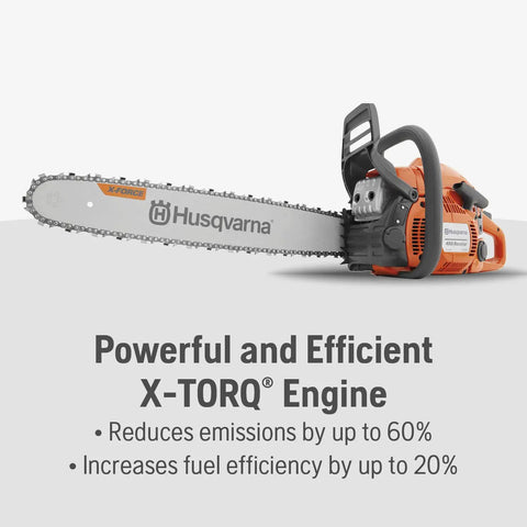 450 Rancher 20 Inch Gas Chainsaw with 50.2cc 3.2HP X Torq engine, showing bar and handle, for yard work and pruning