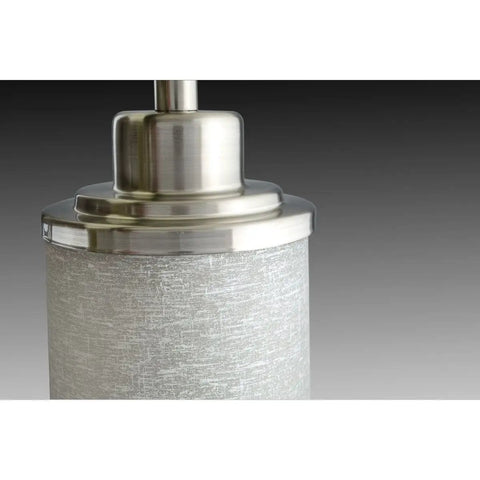 Close-up of Alexa Collection 2 Light Bath Vanity Light with brushed nickel finish and etched linen glass shade detail.