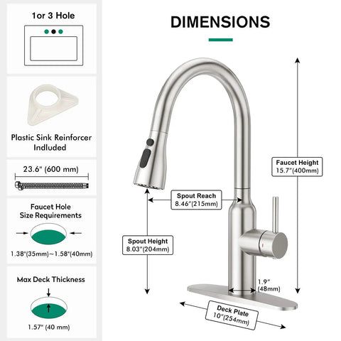 Brushed Nickel Kitchen Faucet With Pull Down Sprayer, Small High Arc, RV Ready, Stainless Steel Single Handle Pull Down Faucet, 3 Function Nozzle With Flow, Spray, Blade, 20 Inch Flexible Hose, Easy Clean, Durable Go To Kitchen Sink Tap
