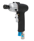 Compact Pneumatic Air Impact Wrench With 40Nm Kick And Double Hammer Setup, 12000 RPM Zero Fuss Workhorse For Furniture Assembly And Handyman Tasks Featuring Seesaw Switch in black and silver.