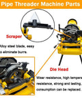 Heavy Duty Electric Pipe Threader Machine 1/2 To 4 Inch Power Threading Cutter showing scraper and die head parts for sharpening and threading.