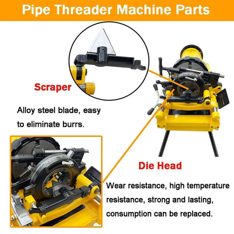 Heavy Duty Electric Pipe Threader Machine 1/2 To 4 Inch Power Threading Cutter showing scraper and die head parts for sharpening and threading.