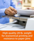 Person placing Top Notch Multipurpose Copy Paper 20 Lb 11 X 17 Inches Tabloid Size into printer for jam-resistant printing.