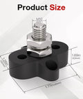 Beefy M10 3/8 Single Stud Terminal Block showing dimensions, black insulated plastic, designed for battery power distribution.