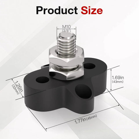 Beefy M10 3/8 Single Stud Terminal Block showing dimensions, black insulated plastic, designed for battery power distribution.