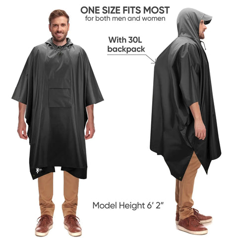 Front and side view of 3 In 1 Hooded Rain Poncho For Adults With Pocket Waterproof Lightweight Unisex Rain Coat in Black