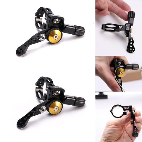 Universal MTB Dropper Remote Lever For 22.2mm Or 24mm Handlebar, Black aluminum seatpost shifter with wrenches and clamp mount.