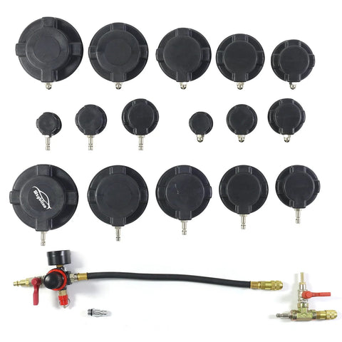 Wzyblixo 19-piece turbo leak tester kit; black plastic caps with stepped adapters 1-1/4 to 4-1/4 in, hose and fittings
