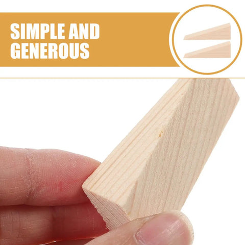 Hand holding beige triangular wood door stopper wedge, simple and generous design, nail-free.