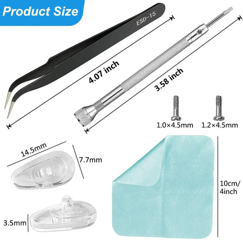 Five Pairs Silicone Eyeglass Nose Pads With Air Chamber All-Day Comfort, Screw-In Replacement Kit shown with tools and measurements.