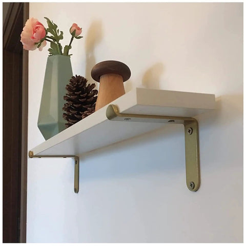 Premium Corner Shelf Brackets For Floating Wall Shelves And Rustic Industrial L Shape Supports With A Sleek Matte Black Finish And Hella Sturdy Powder Coated Steel Hardware Kit on a white shelf.