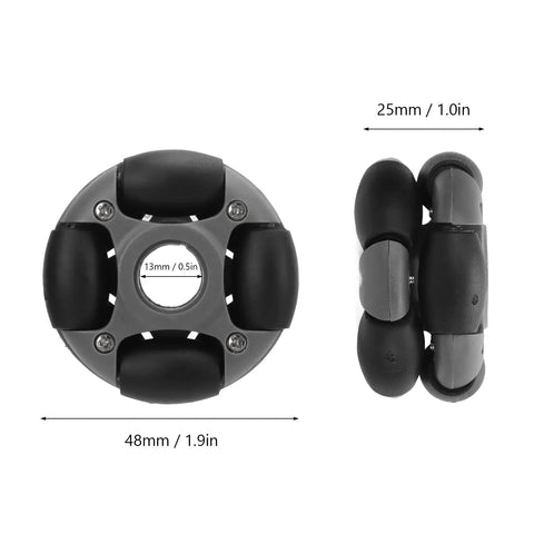 48mm nylon 360 degree robot wheel for directional control, black and gray with coupling; ideal for competition and mobility applications.
