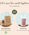 Brown Kraft Gift Bags With Handles 5.25x3.75x8 Inches 20 Pack next to a coffee cup comparing eco-friendly kraft paper bag to plastic bag