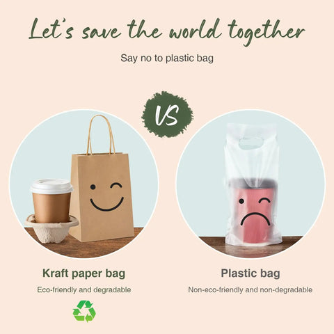 Brown Kraft Gift Bags With Handles 5.25x3.75x8 Inches 20 Pack next to a coffee cup comparing eco-friendly kraft paper bag to plastic bag