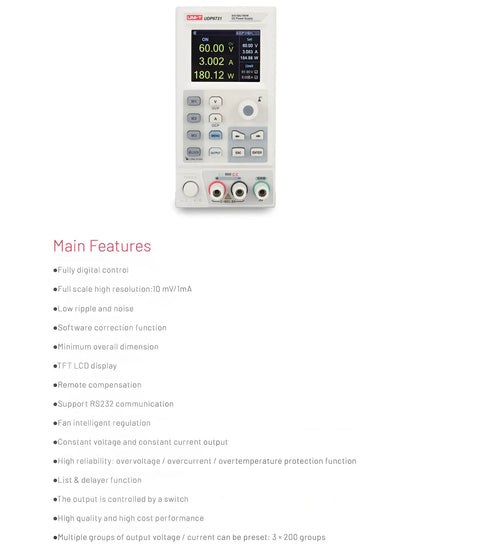 Beefy Programmable DC Switching Power Supply 360W With Wide 0 To 80V And 0 To 30A Output Remote Compensation SCPI Control RS232 TFT Display Low Ripple High Precision Digital Control For Lab Bench front panel with TFT screen and terminals