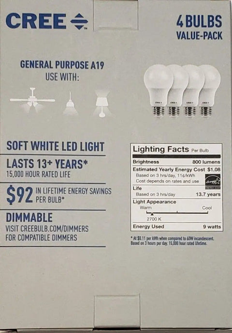 Back of box showing details of 60 Watt Equivalent Soft White A19 LED Light Bulb Dimmable For Home Lighting Long Lasting 4-Pack.