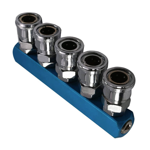 Five Way Half Inch Air Manifold Block Splitter for Pneumatic Systems Inline Hose Fittings Iron Construction Multi Outlet Distributor