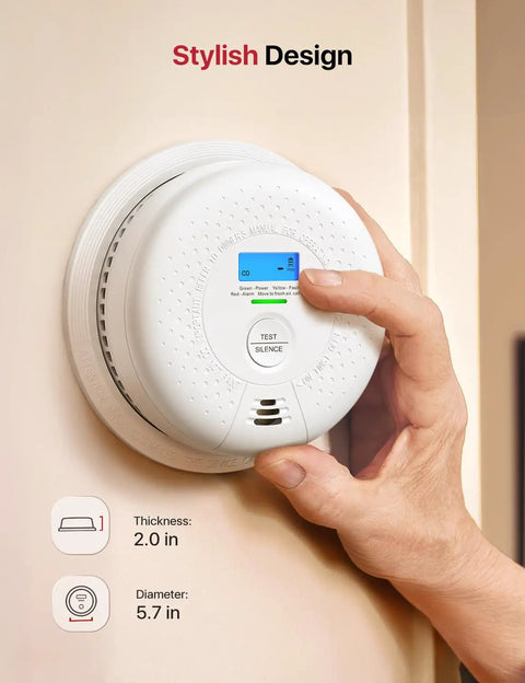 Standalone Smoke And Carbon Monoxide Detector SC01 1 Pack A Cinch To Install Battery Powered Home Safety Alarm For Early Fire And Gas Alert No Wi Fi No Interconnection Reliable Detection For Peace Of Mind. White round unit, 5.7 in diameter, 2.0 in thick