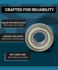 Front view of a chrome steel sealed ball bearing (608-ZZ) with metal shield on teal packaging