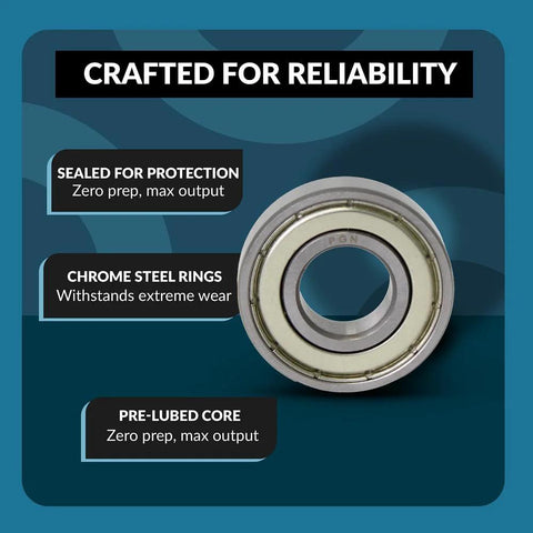 Front view of a chrome steel sealed ball bearing (608-ZZ) with metal shield on teal packaging