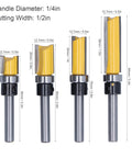 Premium Trim Router Bit Kit With 2 Conventional Blades For Flawless Flush Cuts And Precision Tenon Trimming On Wood MDF Laminate Plywood And Acrylic Materials Without Snagging Or Splintering - 4 router bits of different sizes.