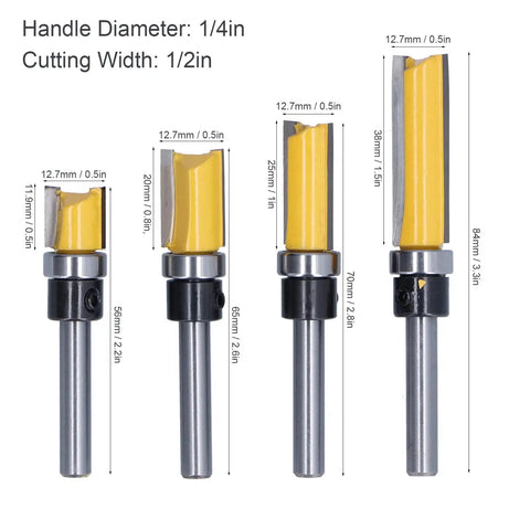 Premium Trim Router Bit Kit With 2 Conventional Blades For Flawless Flush Cuts And Precision Tenon Trimming On Wood MDF Laminate Plywood And Acrylic Materials Without Snagging Or Splintering - 4 router bits of different sizes.