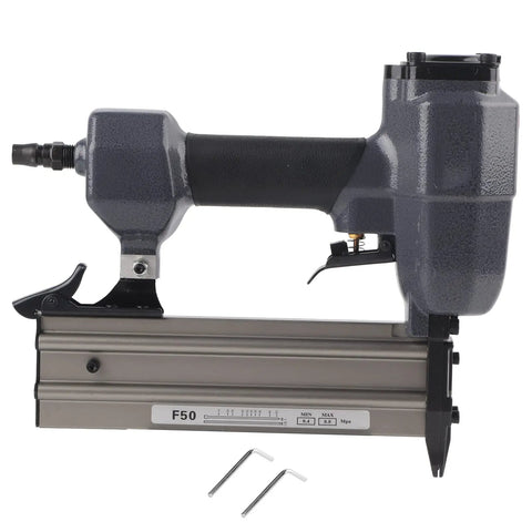 Rock Solid Heavy Duty Pneumatic Brad Nailer And Air Powered Stapler For No Fuss Woodworking and DIY Carpentry Projects Featuring Premium Aluminum Alloy Construction with two included wrenches.